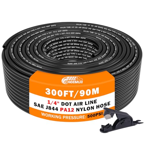 CheeMuii 300 FT 1/4" DOT Air Line 1/4 PA12 Nylon Pneumatic Tubing 91 Meter 1/4 Inch OD Pneumatic Air Tubing Pipe Hose Line for Semi Truck Trailer or Industrial Air System