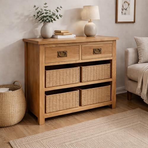 Home Furniture Group Ltd Oakcroft 2 Drawer 4 Basket Side Table – Rustic Console with Wicker Storage Basket – Fully Assembled Country Rustic Cabinet – 80cm Wide