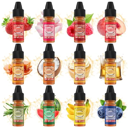 Food Flavoring Oil - 12 Concentrated Candy Flavoring, Lip Gloss Flavoring Oil, Long Lasting Flavors Cake Batter Vanilla Extract for Baking, Drinks, Candy, Cooking, Water & Oil Soluble - 0.25 Fl Oz