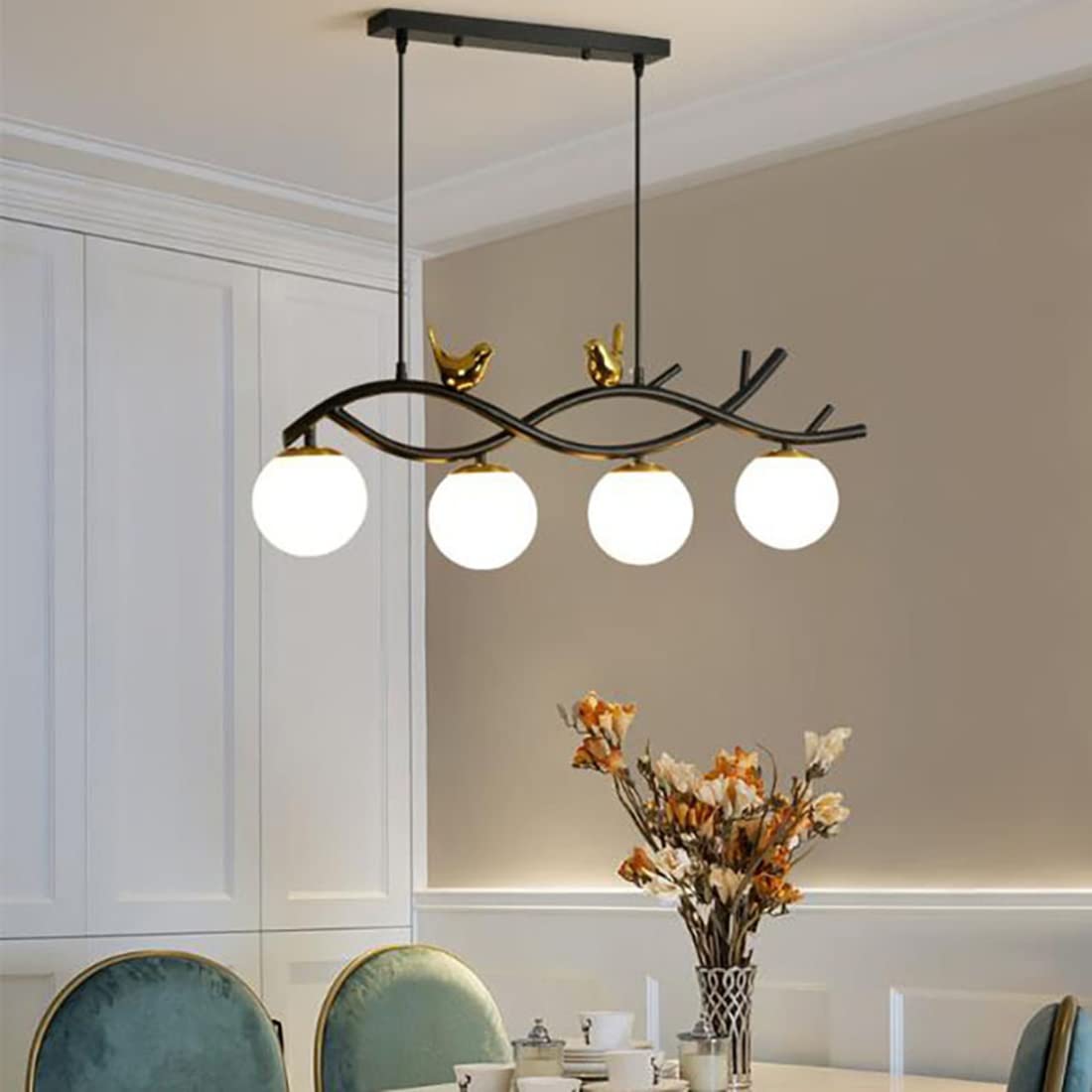 4 światła Szklana kula Oświetlenie żyrandola Matowe czarne lampy wiszące ze szklanym kloszem i pięknym wzorem ptaka, Vintage sufitowa lampa wisząca do sypialni Salon Jadalnia (A)