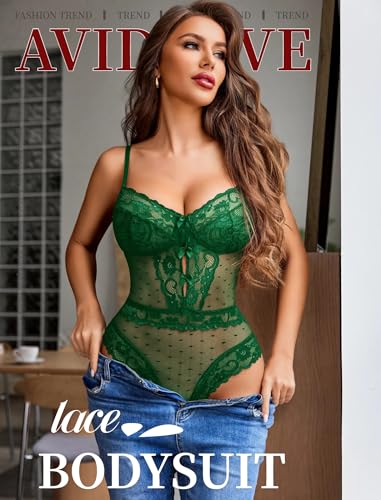 Image of Avidlove Women Sexy Lingerie Sheer Lace Bodysuit V Neck Teddy Lingerie One Piece Mini Babydoll
