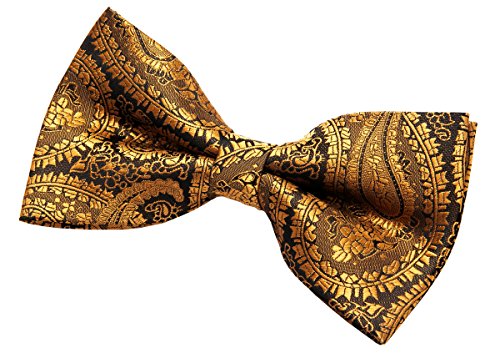 Retreez Men Paisley Art Pattern Woven Microfiber Pre-tied Bow Tie (5") - Gold on Black