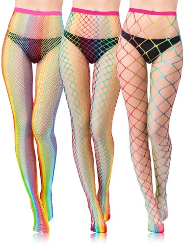 BOARDFEB Rainbow Fishnet Tights for Women 3 Pairs Rainbow Fishnet Socks