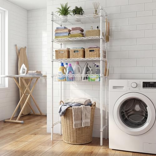 Image of Over The Toilet Storage Shelf - 4-Tier Adjustable Metal Bathroom Organizer Shelves, Freestanding Space Saver with Basket & Paper Holder, Bathroom Storage Rack Above Toilet for Laundry, White