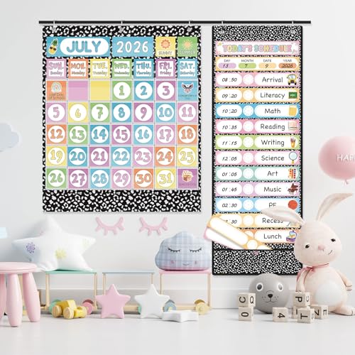 Cholemy 2 Pcs Classroom Monthly Calendar Pocket Chart with Double Sized Daily Schedule Cards Classroom Calendar Pocket Chart Cards and 5 Metal Hangers for Home Learning Supply School(Composition,A) - Image 7