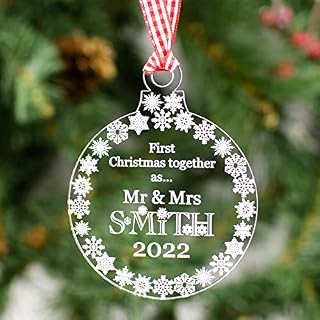 Rustic Charm Christmas Tree Decoration Personalised Clear Acrylic Bauble. 1st First Xmas Together Gift With Engraved Surname. Snowflakes Decor.