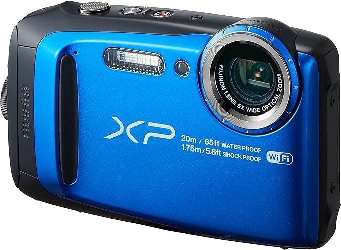 FUJIFILM FinePix XP90 -digikamera, etupuoli view, sininen ja musta casing