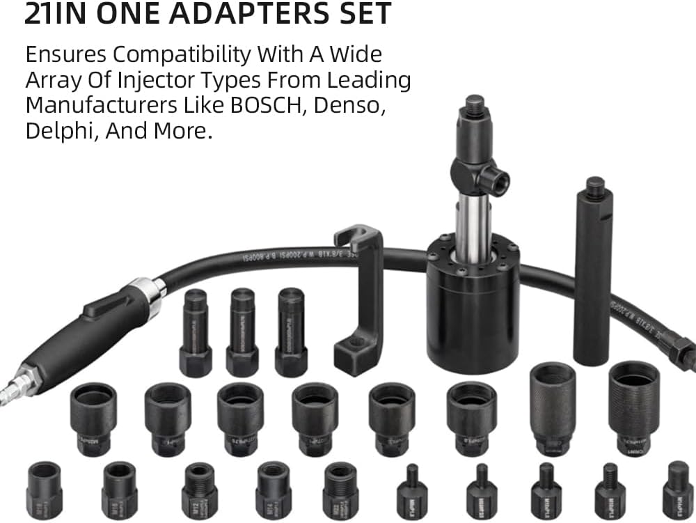 Pneumatic Injector Impact Extractor, 24 Pieces, Gentle Removal of Diesel Injectors, Prevents Cylinder Head Damage, Includes 21 Adapters for Various Brands