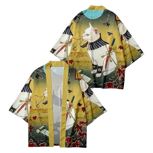 Image of DOSLAVIDA Men's Japanese Kimono Jacket Set Stylish Open Front Coat With Shorts Chinese Style Printed Cardigan Suit