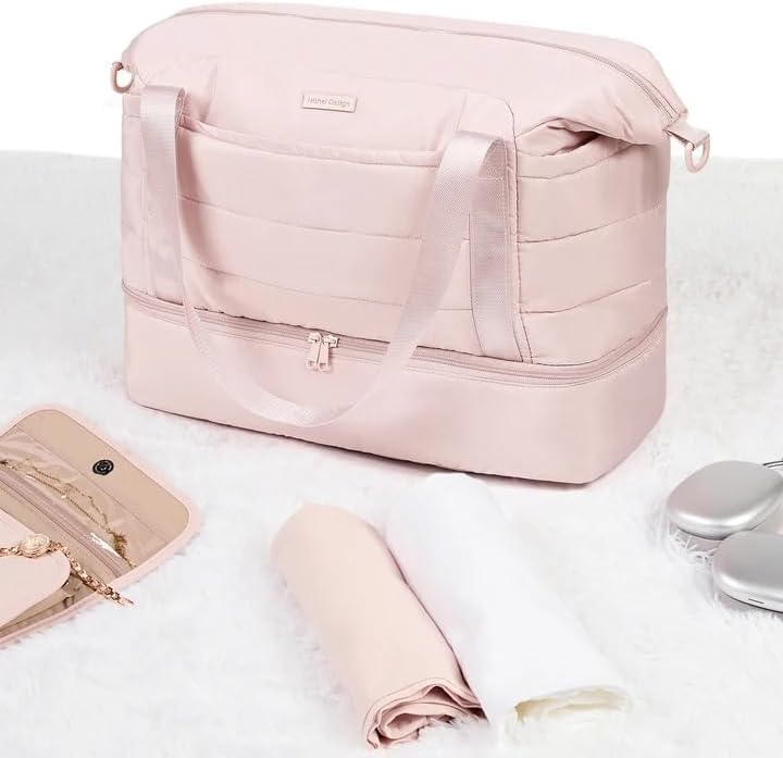 NISHEL Double-layer Weekender Bags for Women, Personal Item Duffle Bag with Shoes Compartment, Large Capacity Travel Bag, Overnight Luggage Bag with Pocket, Pink - Image 5