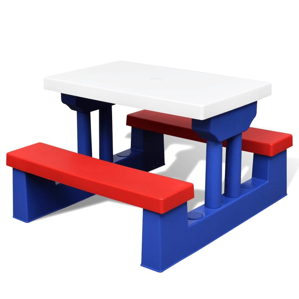 Tavolo da Picnic per Bambini con 2 Panche e Ombrellone, Set da Esterno in PP e Acciaio, Design Multicolore, Tavolo da Giardino, Tavolo da Pranzo Esterno,Rosso Blu Bianco, 67 x 41 x 47 cm