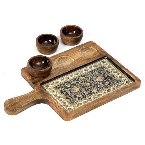 Image of Handcrafted Mango Wood Serving Platter with 3 Dip Bowls | Traditional Jamawar Kashmiri Print | Waterproof, Heat-Resistant, Food-Safe Lacquer Finish | 15.5 x 10 Inch | Made in India (3Katori: Jamawar)