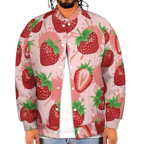 VOSERY Cute Strawberry Juice Bomber Jacket Men, Casual Varsity Jacket Men, Baseball Bomber Jackets with Pocket