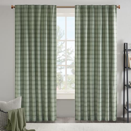 Image of Madison Park Anaheim Cabin Plaid Curtain Window, Thermal Insulated Fleece Lining, Living Room Decor Room Darkening Drape for Bedroom, 1-Single Panel Pack, 50" x 84" Rod Pocket, Green