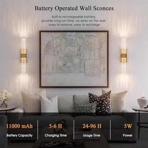Image of Crystal Battery Operated Wall Sconce, Gold, Set of 2 | Wireless Rechargeable, Remote Control, 3000-6000K, 350 Rotate LED Dimmable, Cordless