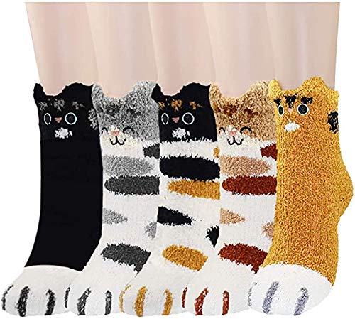 Yansion 5 Pairs Cat Socks for Women Girl, Fluffy Animal Cat Slipper Autumn Winter Socks Soft Coral Fleece Cosy Crew Socks for Women Christmas New Year Theme Party Gift Ladies Socks Yellow