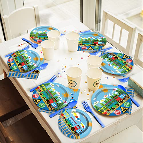 200Pcs Train Party Plates and Napkins Train Birthday Party Supplies Transportation Disposable Paper Decoration for Kids Birthday With Dinner Plates Dessert Plates Napkins Plastic Forks, Serves 50