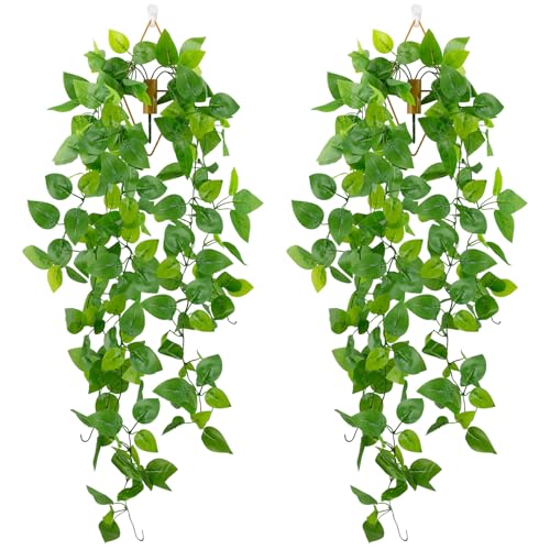 Image of LOYWREE 2 Pack Artificial Hanging Plants with Wall Planter, Faux Pothos Vines Fake Hanging Plant, Plastic Greenery Wall Decor for Indoor Outdoor Home Office Garden Patio Bedroom Living Room Decor