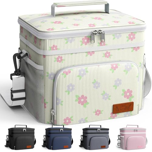 Image of HOTOR Insulated Lunch Box Men Women Leak-Proof Cooler Lunch Bag 9L | 4 Pockets, Adjustable Strap, Ideal for Work, Picnic, Travel, Camping, Gift, Beige Flower