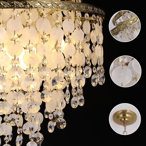 Gjlulqi Capiz Shell Crystal Chandelier Luxury Round Gold Coastal Chandelier with Natural Shells,6-Light Crystal Boho Pendant Light Fixtures for Bedroom, Living Room, Kitchen and Foyer D16 - Image 5