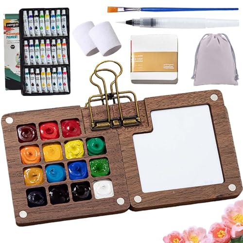 Tobio Watercolor Kit, 2026 New Tobio Mini Watercolor Set with A Picture Book & Wrist Towels, Mini Watercolors Paint Set for Beginners with 12/24 Color Paints (Walnut-15 Grids)
