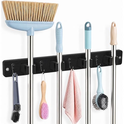 AceMining Black Broom Holder Wall Mount, 4 Holders 4 Hooks Mop Holder