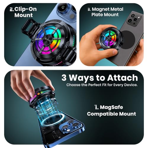Image of PunnkFunnk Phone Cooler for Gaming, 5000 RPM 7-Blade Fan, RGB Light, Semiconductor Cooling Chip, Type-C Powered, LED Display, Clamp Mount Mobile Cooling Fan for Android & iOS (Black Pro)