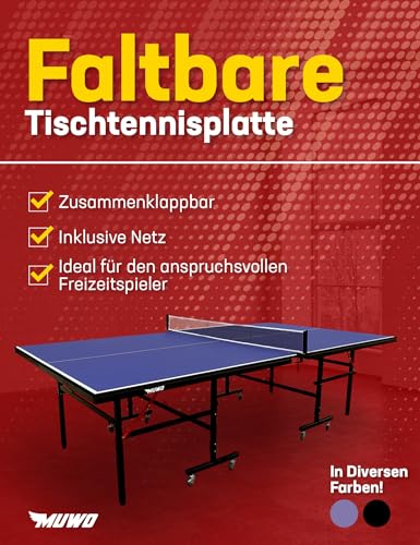 Foto von MUWO Premium Indoor Tischtennisplatte mit klappbarer MDF-Platte, Robustes, rollbares Stahlgestell mit doppelter Kippsicherung. Maße: 274 x 152,5 x 76 cm (Blau)