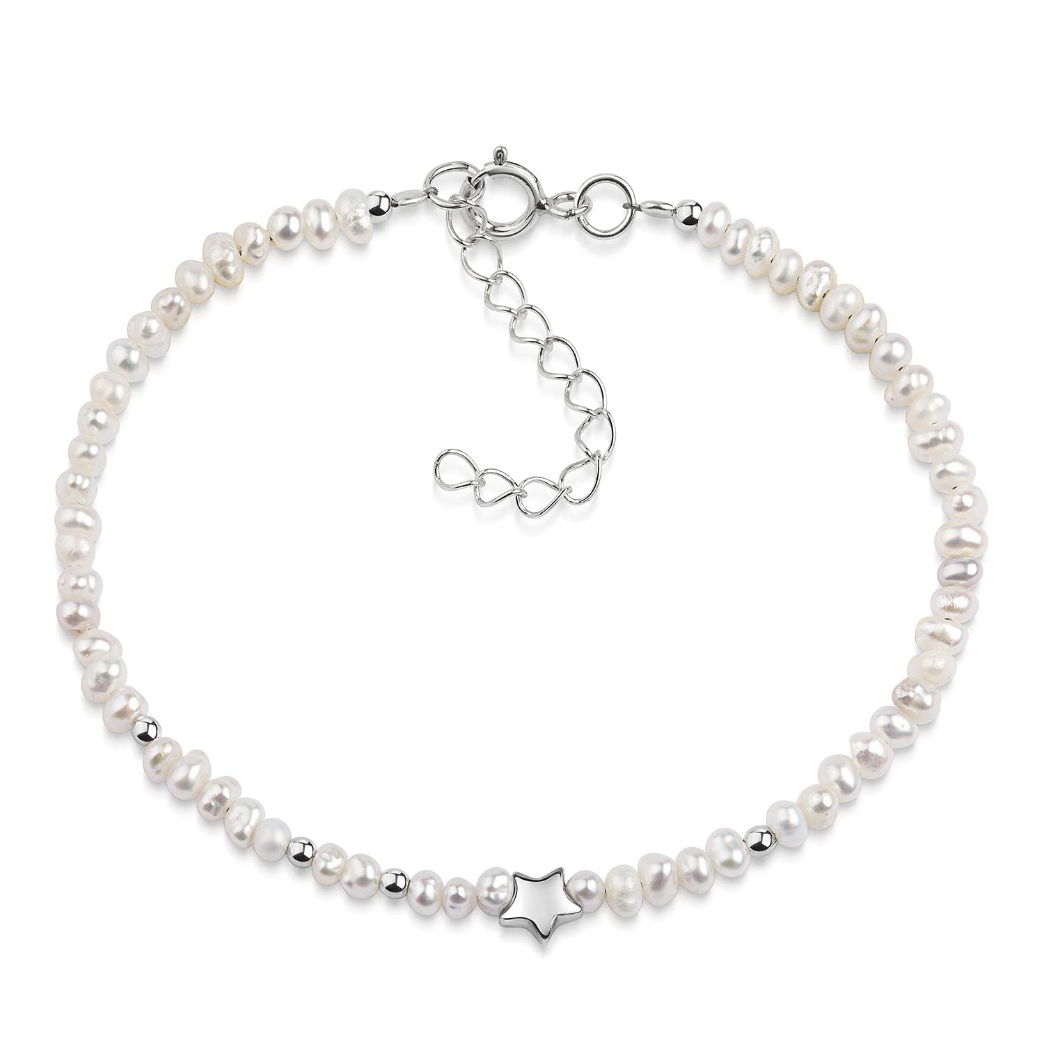 Perlenarmband Damen weiß Silber 925 - Stern Armband verstellbar SA-156 | Armkette mit Perlen und Silberkugeln aus 925 Sterling Silber 16,5-19,5cm für Frauen und Mädchen MATERIA by Matthias Wagner
