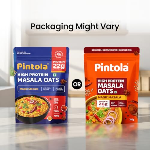 Image of Pintola 26g High Protein Masala Oats 750g, Magic Masala, Breakfast Cereal with High Fiber & Veggies, No Palm Oil, No Preservatives, 5 min Healthy Snack, Helps Manage Weight, Gym Endurance & Gut Friendly