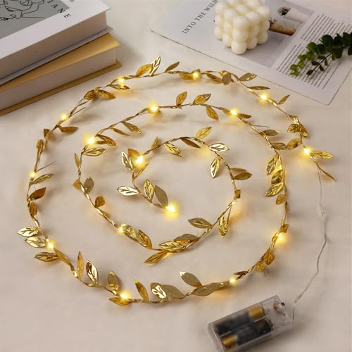 Maffily Gold Leaf String Lights Battery Operated, 20LED 6.56ft Fairy Lights with Leaves Vines for Bedroom, Garland Hanging Light for Room Decor Party Wedding Dorm, 2 Pack