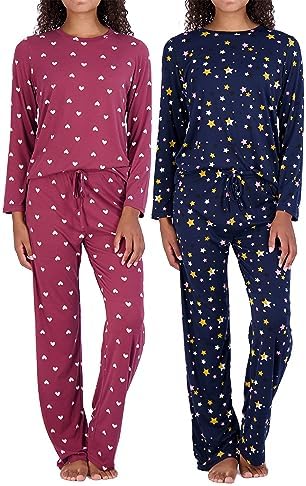 Real Essentials Women’s Long Sleeve Pajama Sets Ladies Soft Winter Fall Sleepwear Pajamas Clothes Loungewear Long Sleeve Tops Pants Bottoms Fall Warm Silky Pj Sets for Women, Set 12, S, Pack of 2