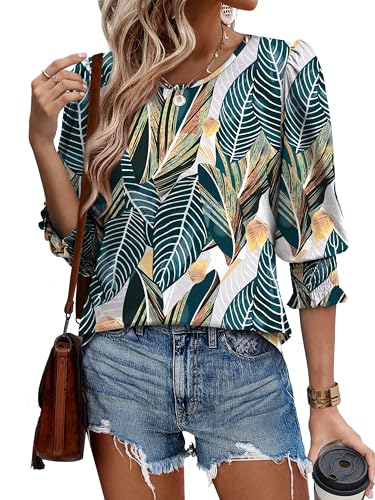 Image of XIEERDUO Blouses for Women Dressy Casual 3 /4 Length Sleeve Womens Tops with Smocked Cuffs
