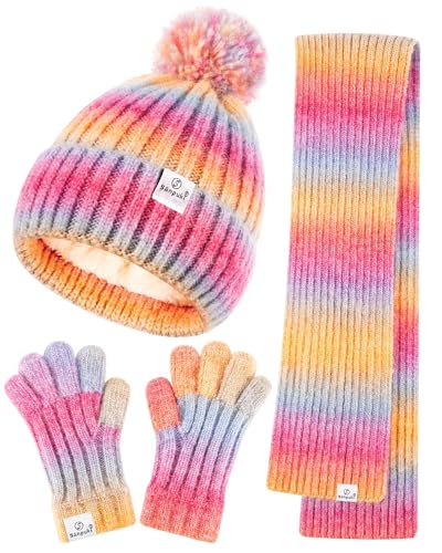 Kids Winter Beanie Gloves Scarf Set Girls Toddler Winter Hat With Pom Neck Warmer Gaiter Mittens Fleece Lined Set