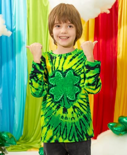 Image of Unisex Kids St. Patrick's Tie Dye Irish Clover Long Sleeve Shirt Shamrock Green Sweatshirt 6-14 Years
