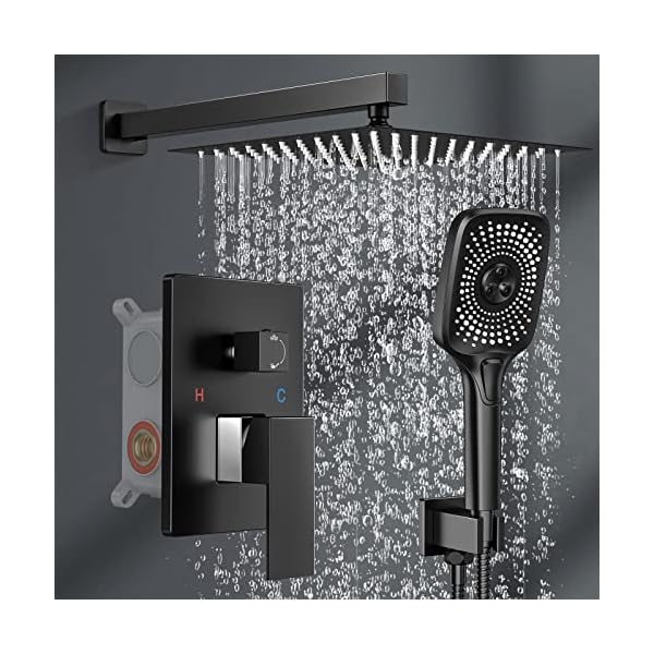 Black shower faucet set stainless steel 10in rainfall shower head with handheld 3 functions shower system brass pressure balance shower valve  urban country home decor