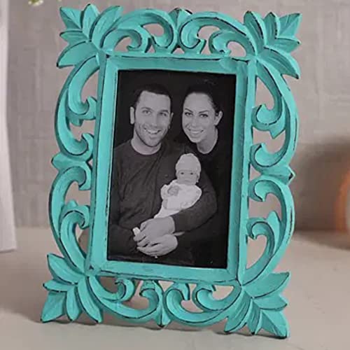 Image of Wooden Hand Carved Rectangular Photo Frame for Wall Mounted and Tabletops Display - 5x7 Inches Picture Frame - Wood Carving Decorative Home Decor Accessories Distressed Finish (Turquoise)