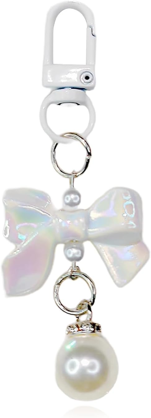 Kawaii Bow Keychain for Women Faux Pearl Bag Charm Pink Ribbon Heart Purse Charms for Handbags Accessory Jewelry Gift