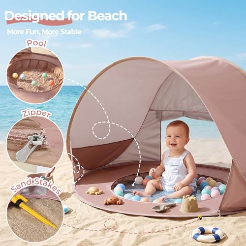Image of Monobeach Baby Beach Tent with Pool: Brown Pop Up Sun Shade Tent for Toddler, UV Protection Portable Outdoor Shelter, Foldable Camping Canopy for Beach, Backyard & Travel