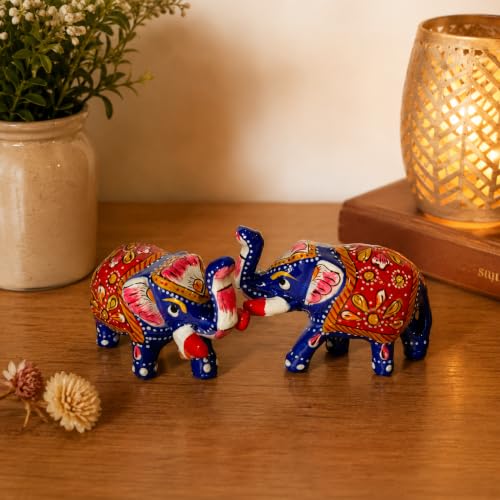 Image of eCraftIndia Handcrafted Multicolor Elephant Showpiece Set of 2 for Home Decor | Traditional Rajasthani Painted Elephant Figurines | Decorative Table Accent, Lucky Gift & Office Desk Decor