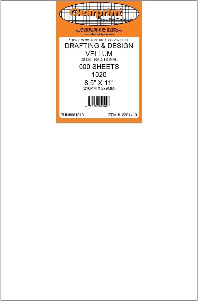 Clearprint 8-1/2" x 11" 1020H Design Vellum Sheets, 20 lb., 100% Cotton, 500 Sheets Per Pack, 1 Each