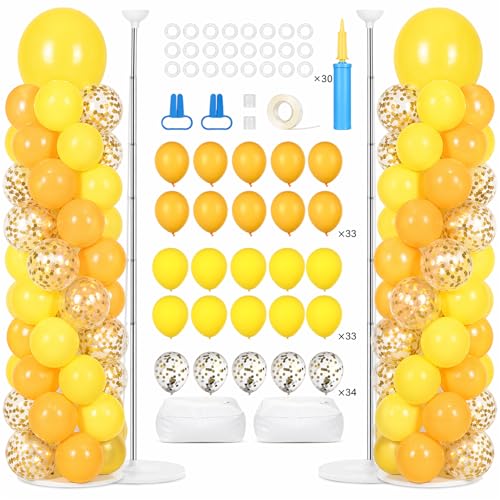 Image of 2 Sets Golden Yellow Balloon Column Stand Kit with 100 Balloons Adjustable Balloon Tower Stand with Bases for Floor Confetti Balloons Column Kit for Graduation Birthday Appreciation Party Decor