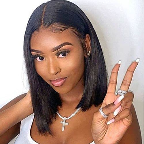 UD Short Straight Bob Lace Front Wigs for Black Women,12 Inch Black Synthetic Middle Part Wigs 180 Density for Cosplay Party, 12 Inch (Pack of 1)