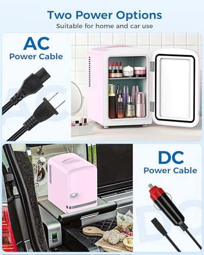 Image of Electactic Mini Fridge for Skincare, 4L /6 Cans Portable Compact Cosmetic Fridge, Retro Desktop Fridge with AC /DC Adapters, Small Cooler and Warmer for Beverage, Makeup, Bedroom, Office, Kids, Pink