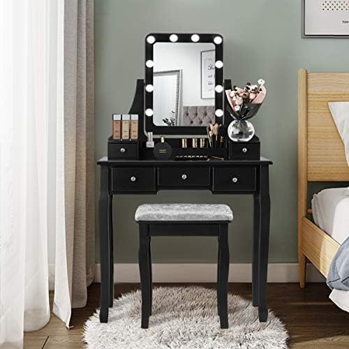 COSTWAY Dressing Table Set, Wooden Detachable Makeup Vanity Table Stool Set with LED Lights and Mirror, Home Bedroom Dresser Cosmetic Furniture Gift for Girls Women (Black)