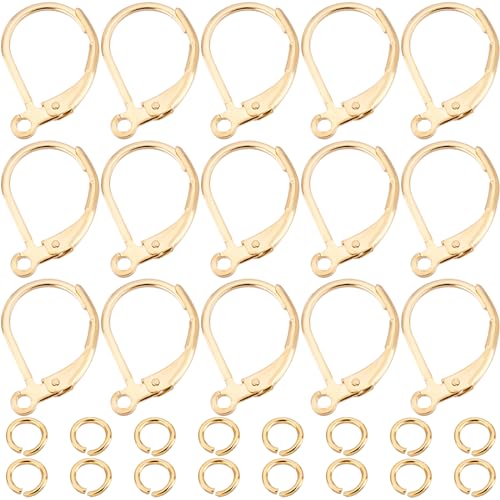 Beebeecraft 1 Box 20Pcs Leverback Earring Findings 18K Gold Plated French Earring Hooks 15.6x10mm Ear Wire Clip Earring Connector with 20Pcs Open Jump Rings for Jewelry Making