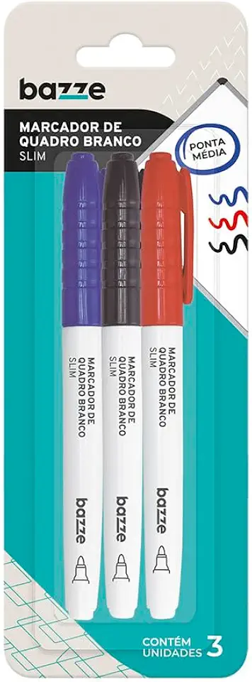 Marcador Quadro Branco Bazze Slim Color Cartela 3 Unidades
