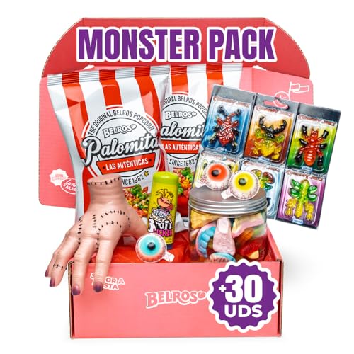BELROS Pack Especial Halloween, Incluye Mix de 13 Chuches Surtidas y Mano Terrorifica de Plastico de Regalo. Golosinas y Caramelos en Botes Reutilizables. Tarro con Surtido de Golosinas Terrorificas