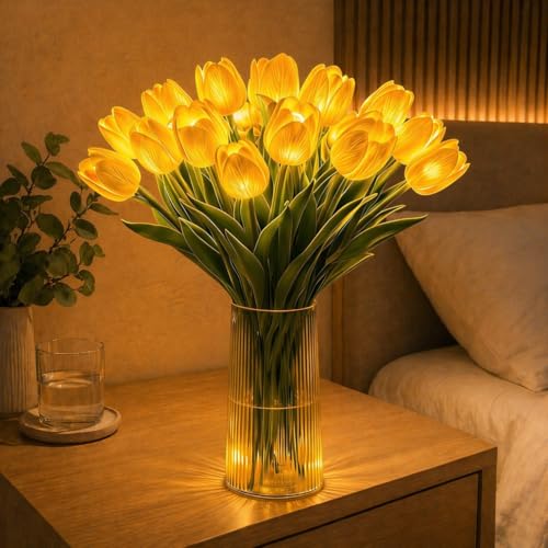 Radiant Romantic Tulip Light - 20 PCS Lighted Tulips Real Touch PU Twinkling Tree Tulips 15-Inch Minimalist Floral Ambient Night Lamp for Bedside & Decor (Vase Not Included)