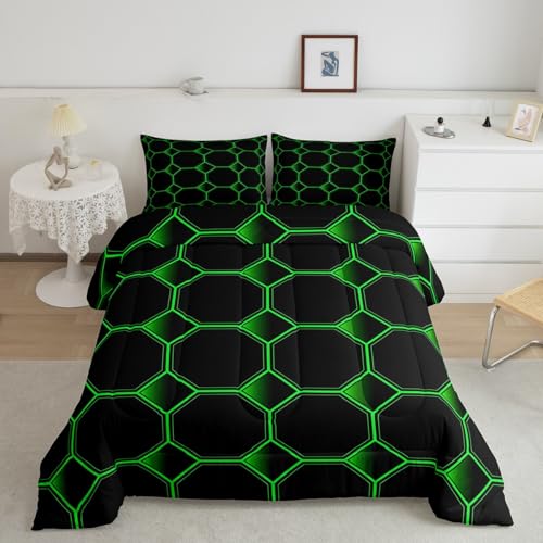 Honeycomb Comforter Set Twin Size Geometric Hexagonal Beehive Bedding Sets for Boys,3D Stereoscopic Green Hexagon Quilt,Simplistic Geometrical Black Room Decor
